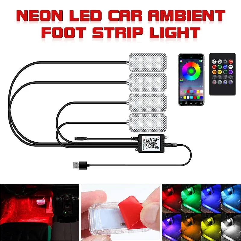LED Car Interior Ambient Lights Auto RGB Decorative Lamp Foot Strip Lighting Kit Accessories Remote App Music Control
